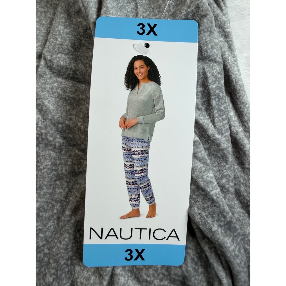 Nautica Womens 3X Pajama Set Gray V-Neck Top Blue Fair Isle Fleece Jogger Pants